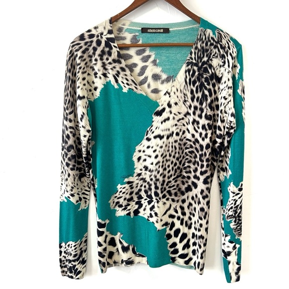 Roberto Cavalli Cashmere Silk Blend Animal Print Abstract V Neck Sweater Size LG - Picture 1 of 11